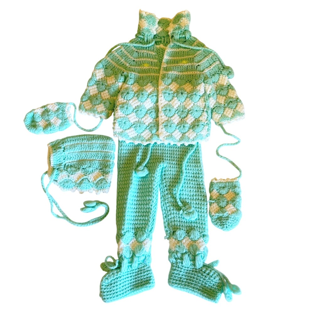 Vintage Handmade Crochet Baby Set Mint Green 4 Pc Outfit Coat Pants Mittens Hat